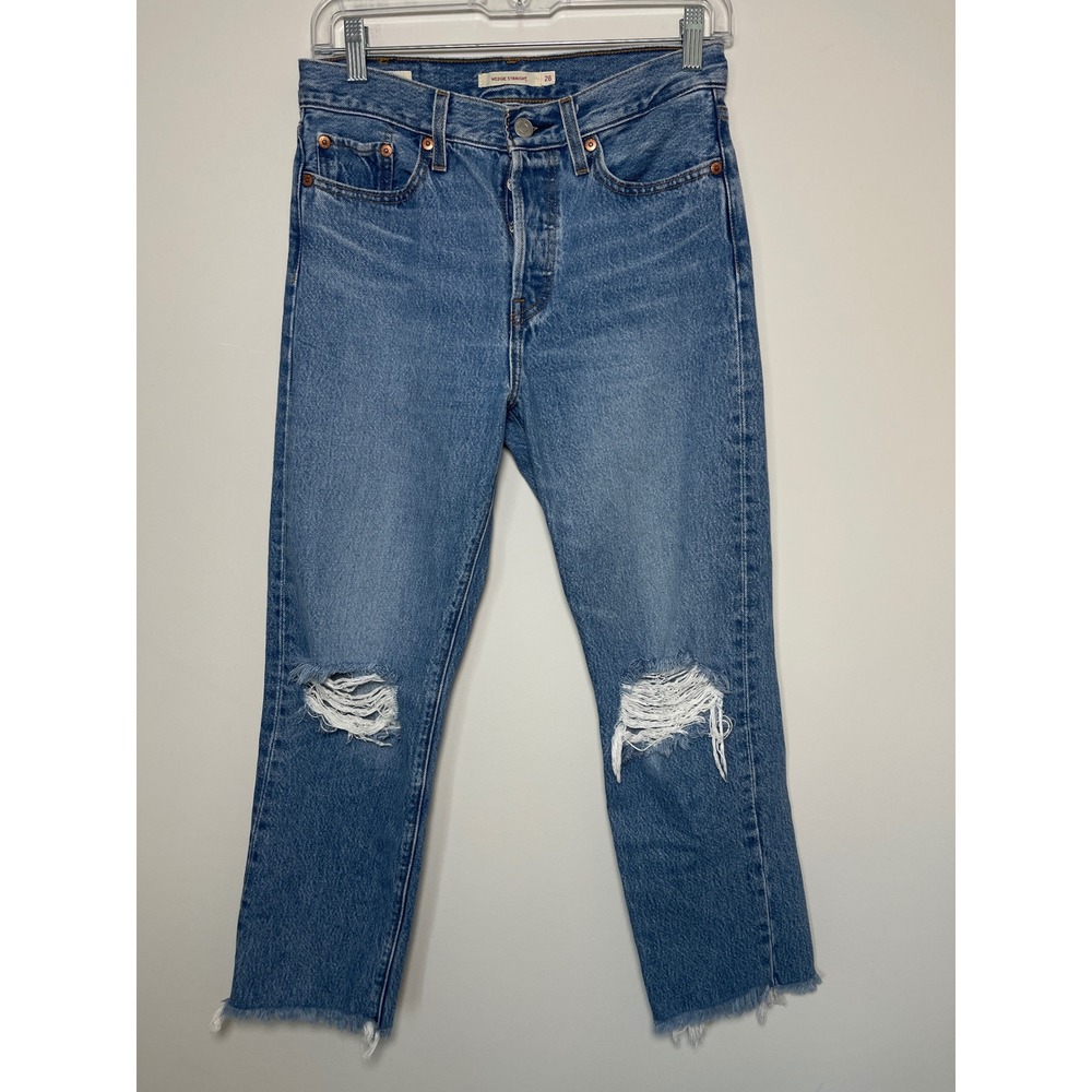 Levis Wedgie Straight Jeans W26 L26 Distressed Raw Hem High Rise Cropped Denim